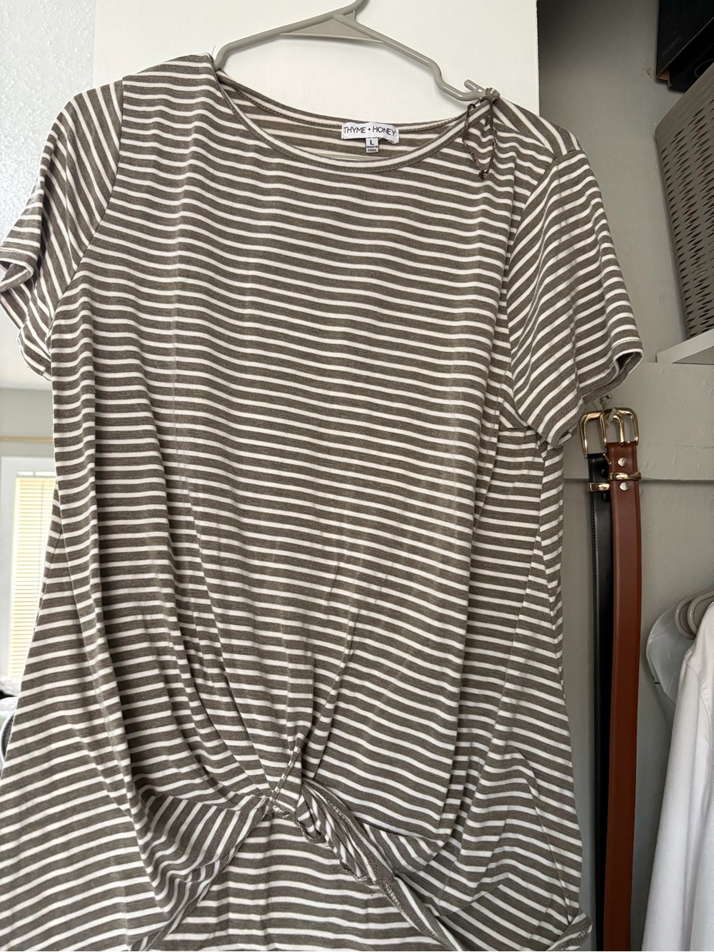 Thyme & Honey Taupe & White Striped Knot-Front Short Sleeve Tee